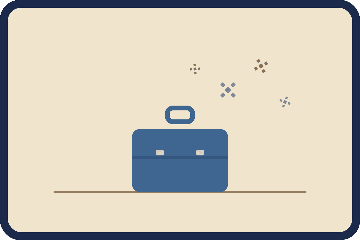 A steel-blue suitcase with faceted diamond frost shapes in slate-gray and muted brown drifting above it.