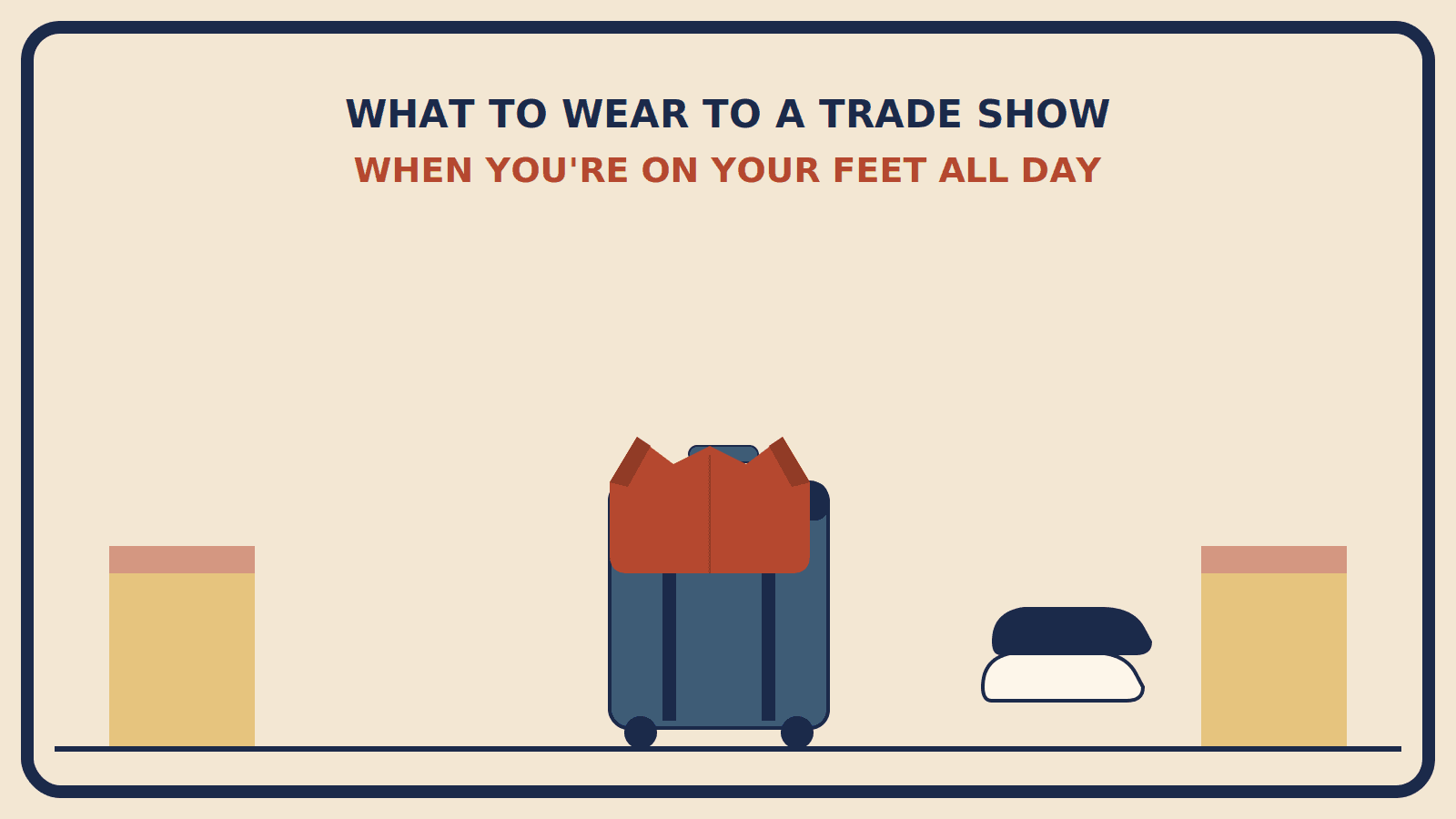 Suitcase with a rust-red blazer draped over the top, next to a white sneaker and a black shoe, in front of convention booth shapes