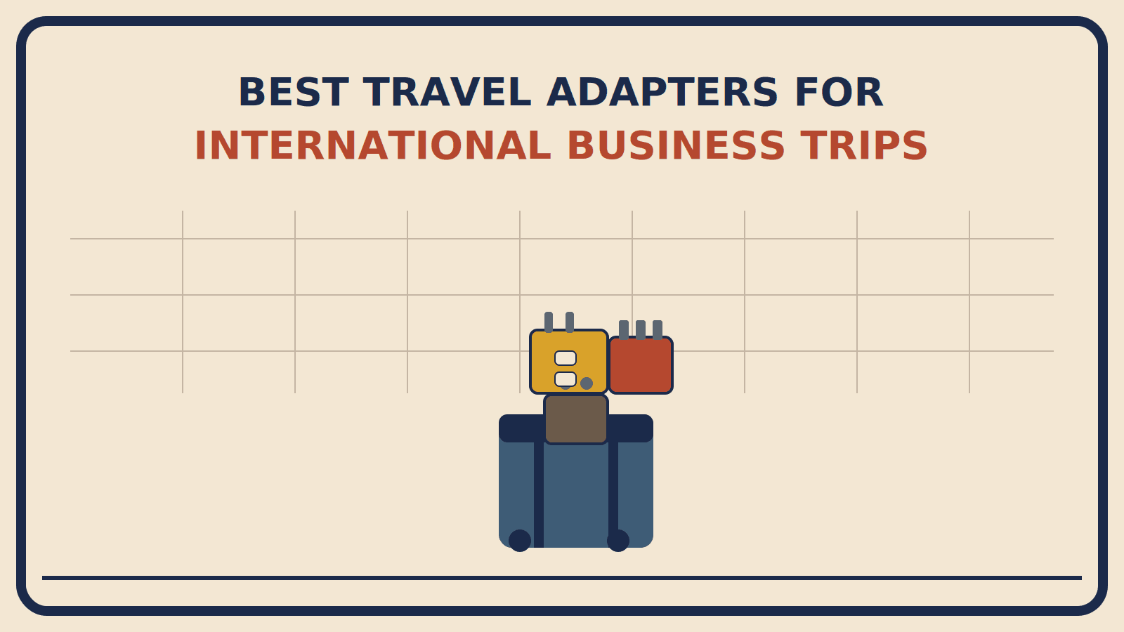 Suitcase with interlocking adapter blocks representing different plug prong shapes on top, in front of an abstract world map grid
