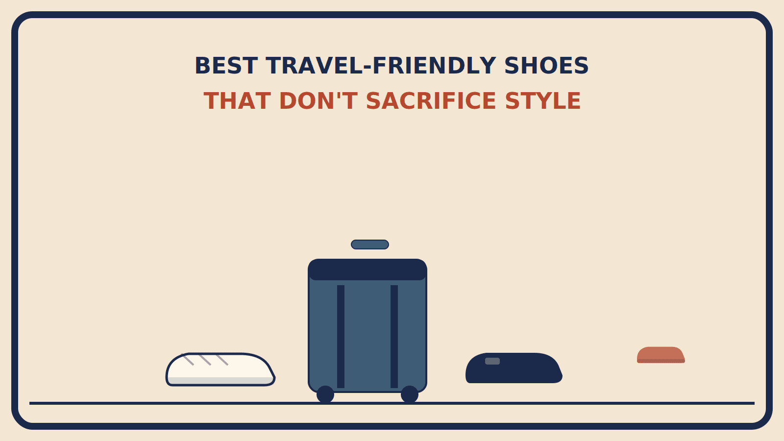 Suitcase beside a cream sneaker silhouette and a black loafer silhouette, with a small rust-red accent shoe in the background