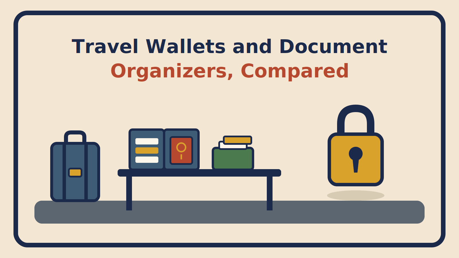 Open travel wallet with passport and a slim card holder on a counter beside a suitcase and a padlock, for a travel document organizer comparison