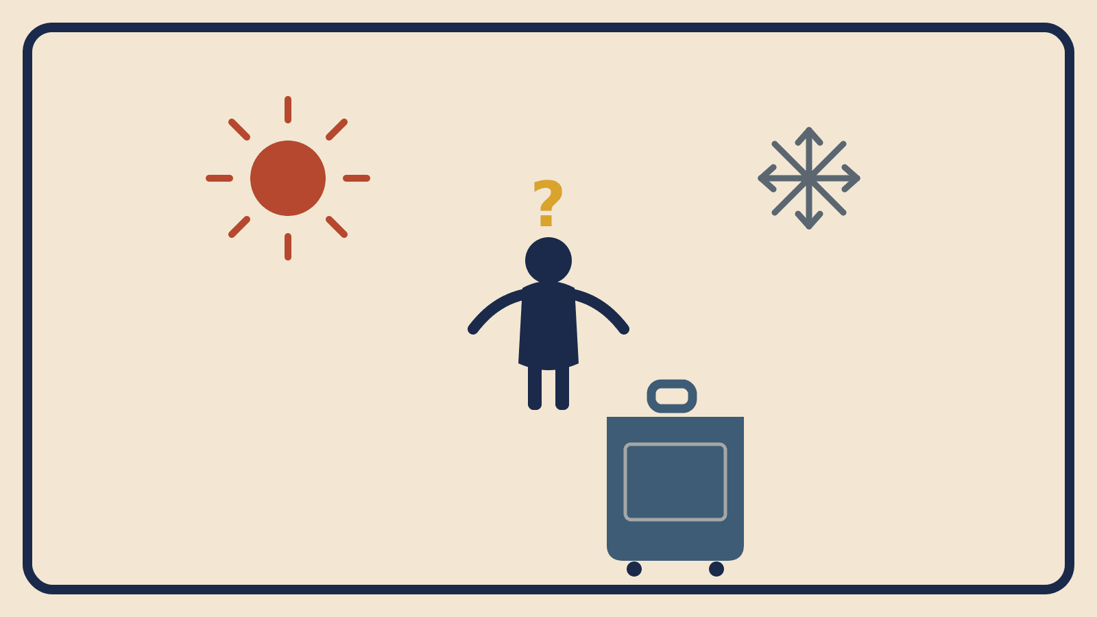 Flat geometric illustration of a suitcase with a person shape between a rust-red sun icon and a slate-gray snowflake icon, weighing both options
