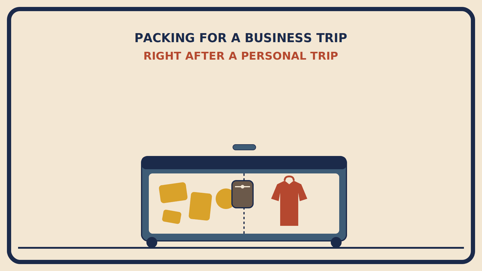 Suitcase split down the middle with loose mustard-colored vacation clothes on one side and a neat rust-red blazer on the other, with a small laundry pouch between them