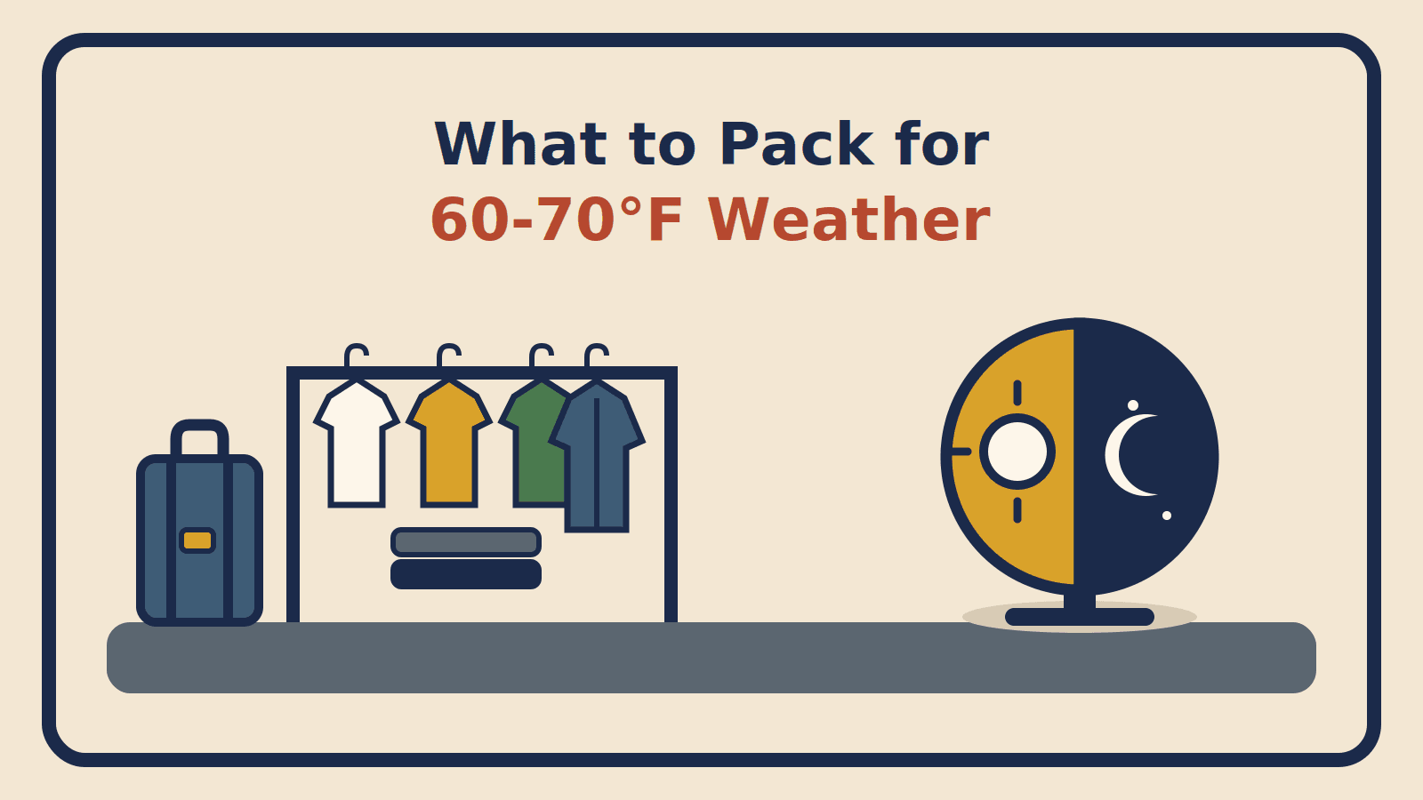 Three short-sleeve tops and one long-sleeve layer on a garment rack beside a suitcase and a half-sun half-moon disc