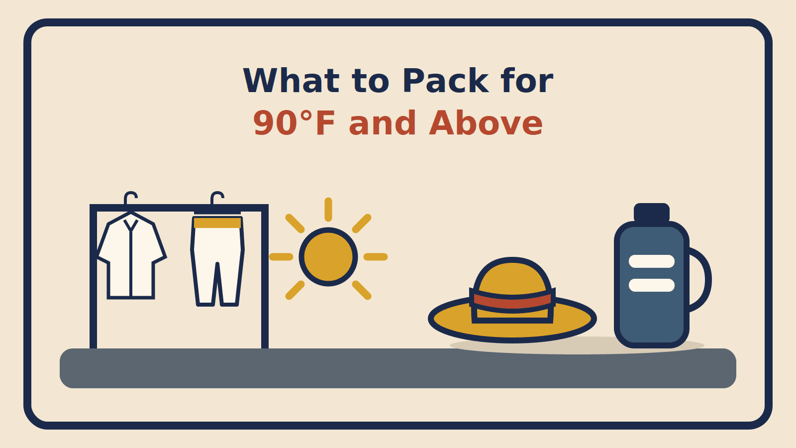 A loose long-sleeve shirt and wide trousers on a garment rack beside a sun, a wide-brim hat and an insulated water bottle