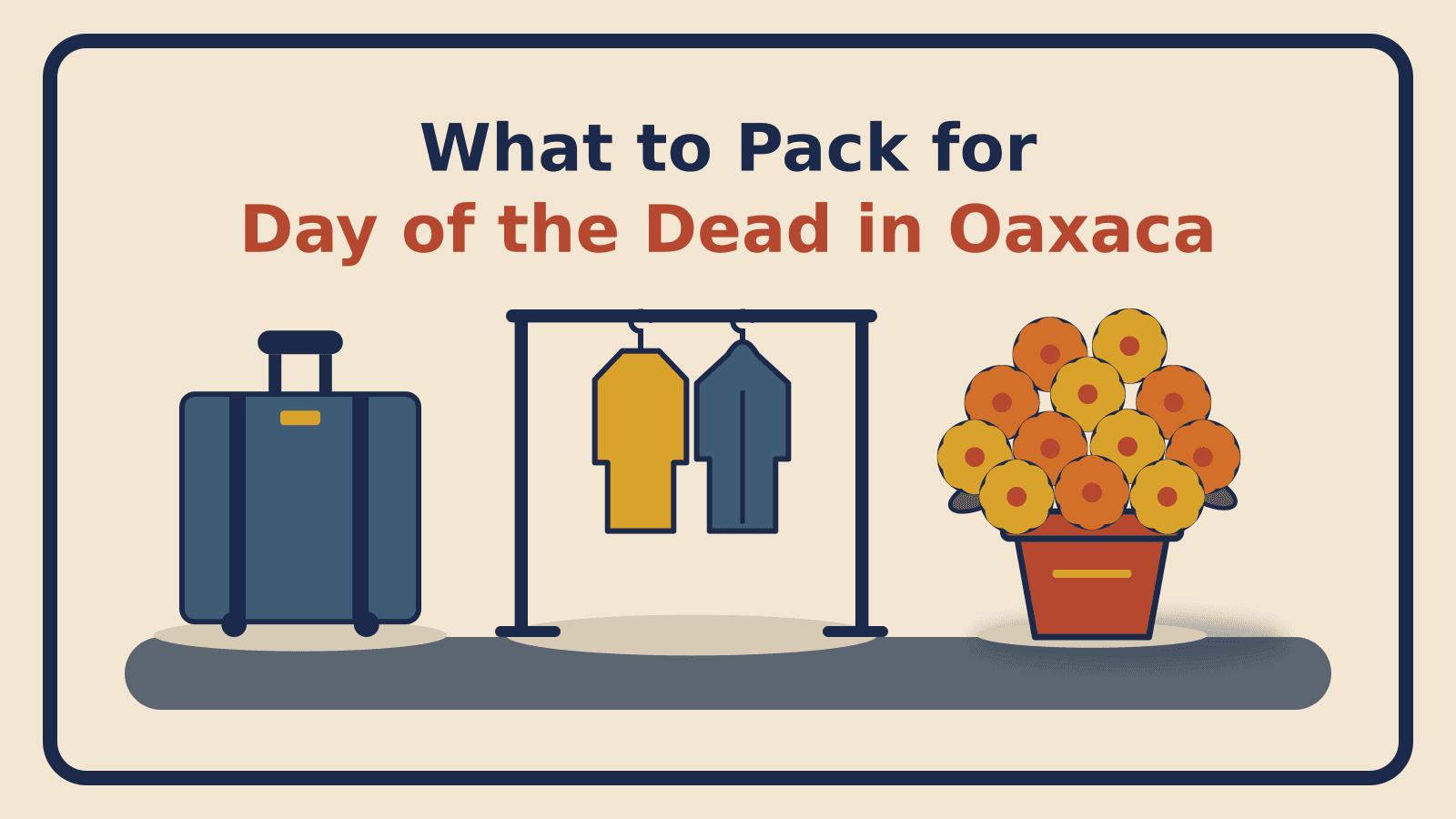 A suitcase, a garment rack with a gold sweater and a steel-blue jacket, and a pot of marigolds