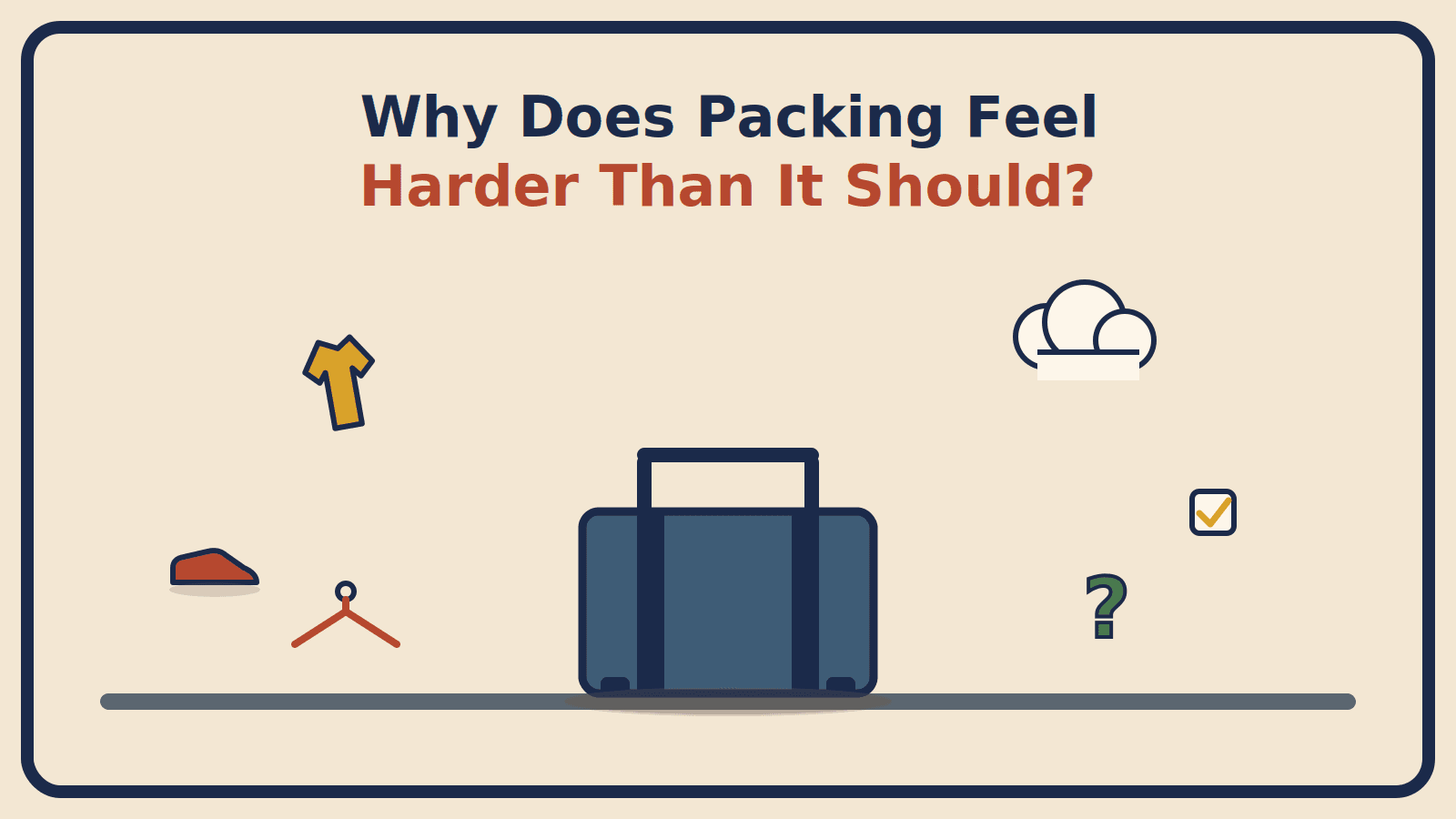 A single suitcase surrounded by many small scattered decision icons: a shirt, a cloud, a hanger, a question mark