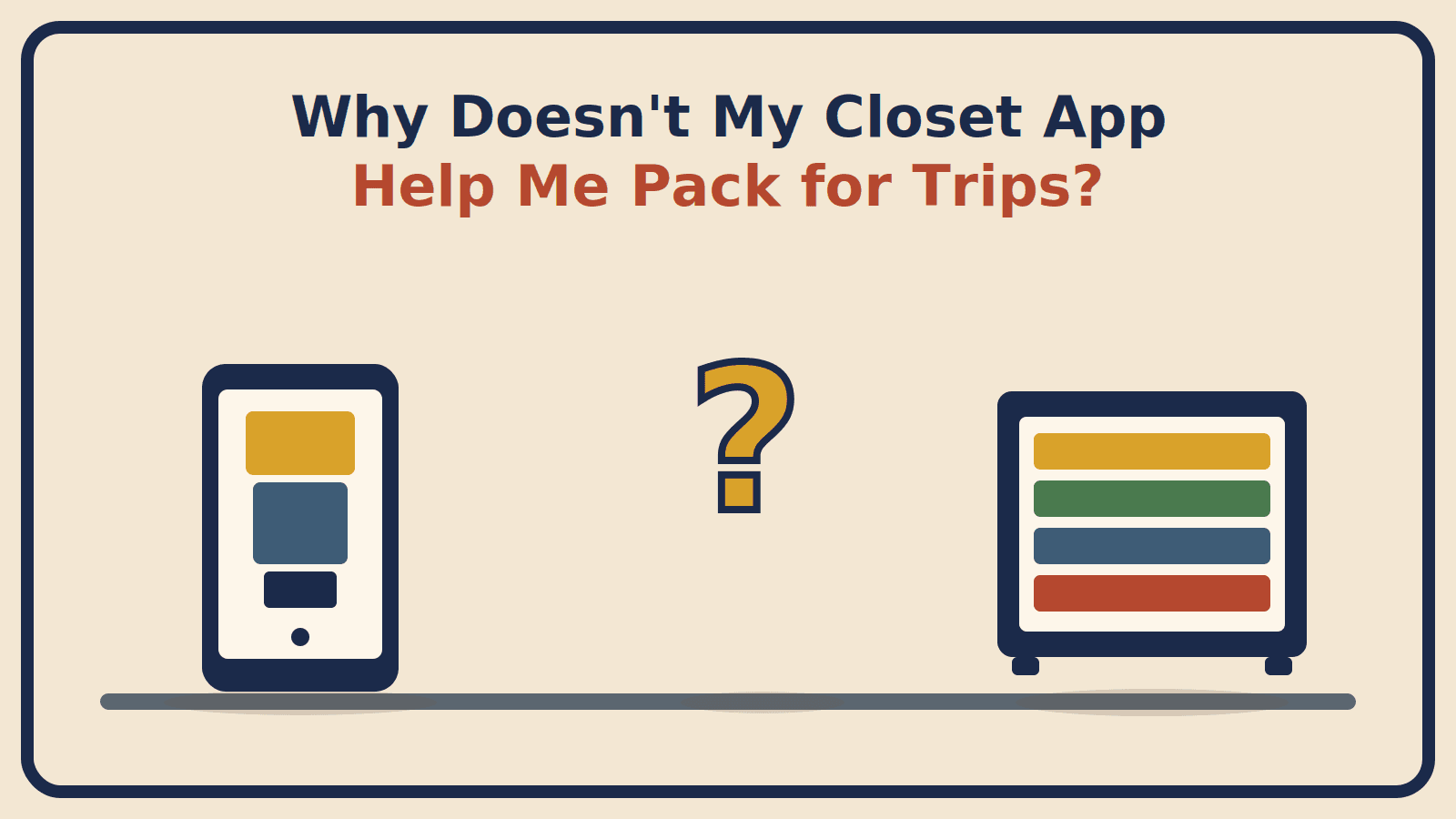 A phone showing a single outfit on the left and an open suitcase needing several days of clothes on the right, with a question mark between them