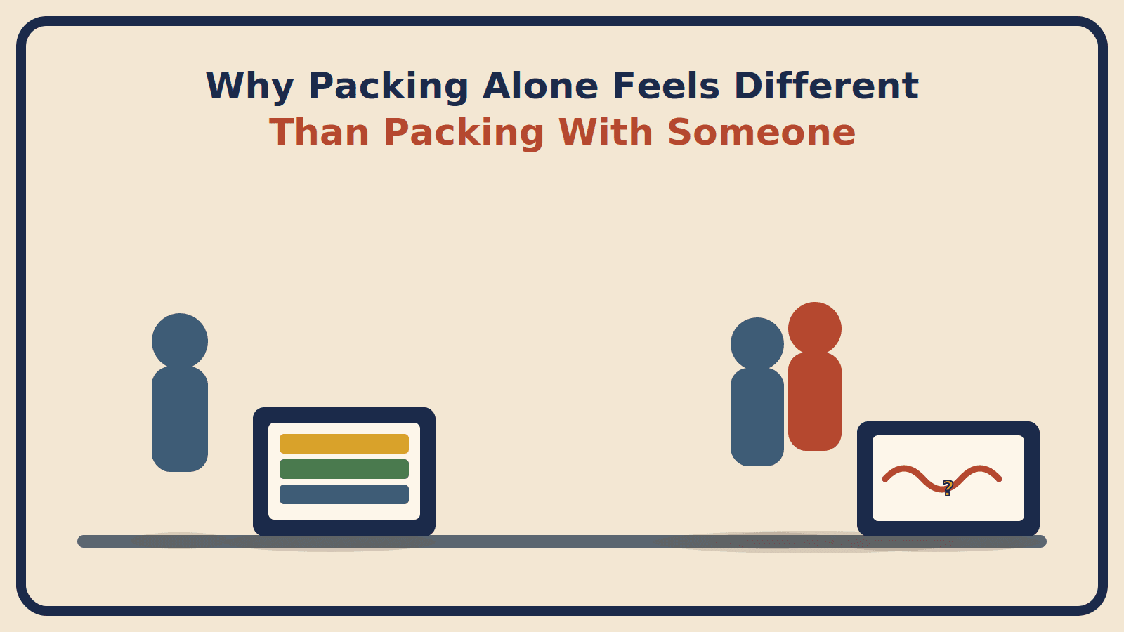 Two silhouettes beside an open suitcase, one side showing quick confident folding and the other showing a hesitant tangled decision