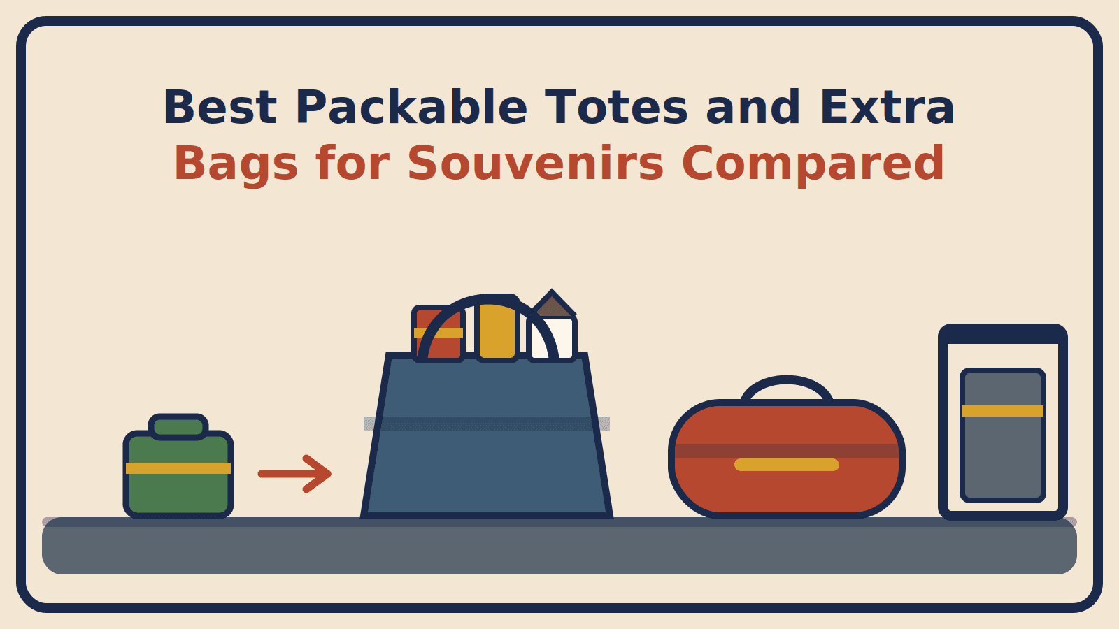 Illustration of a folded pouch expanding into a tote full of souvenirs, beside a packable duffel and an airline sizer frame, with the title Best Packable Totes and Extra Bags for Souvenirs Compared