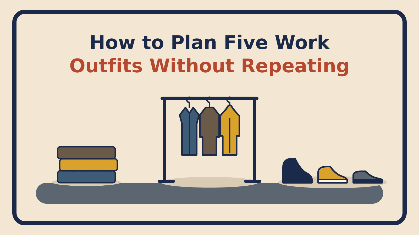 A garment rack holding a shirt, a cardigan and a top, a folded stack of clothes, and three pairs of shoes for a work week