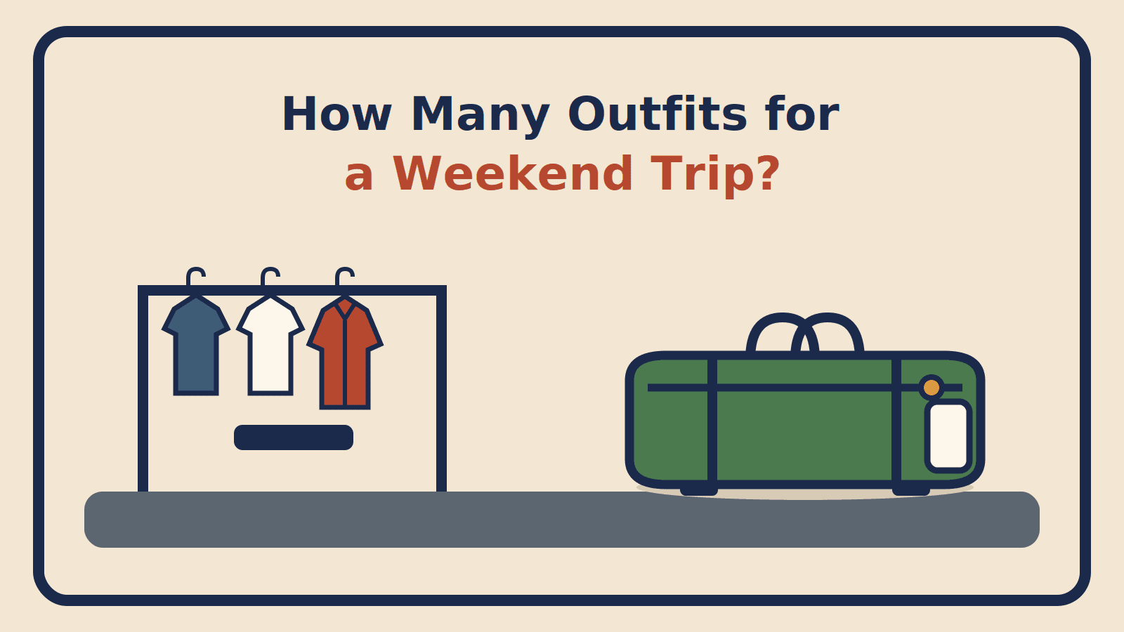 Three tops and one pair of folded trousers on a garment rack beside a weekender duffel bag