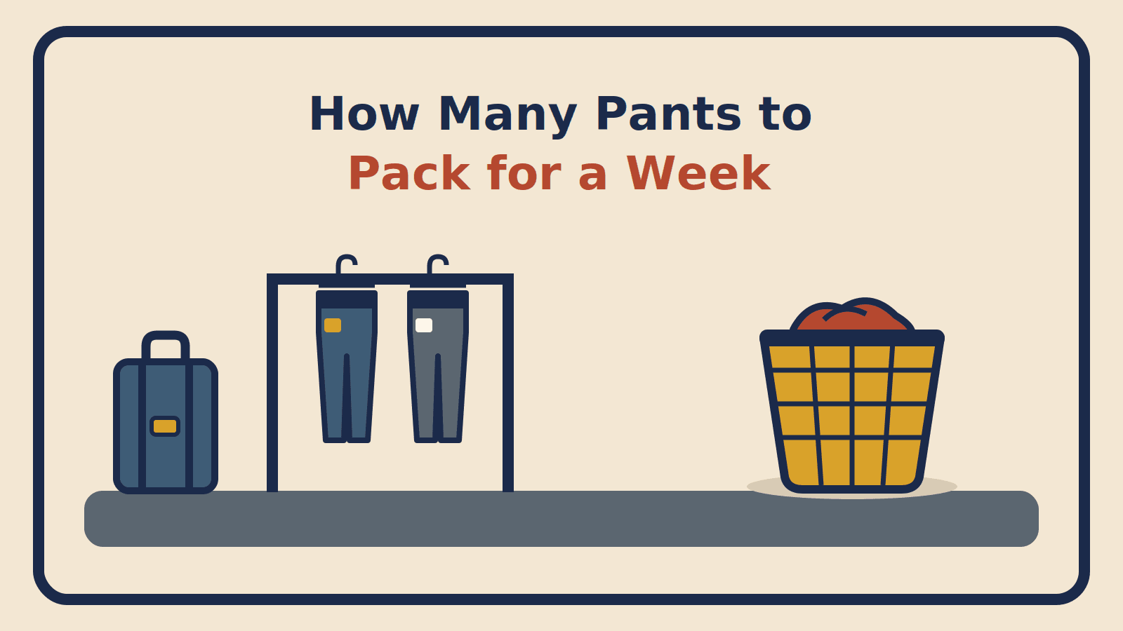 Two pairs of pants on a garment rack beside a suitcase and a laundry basket
