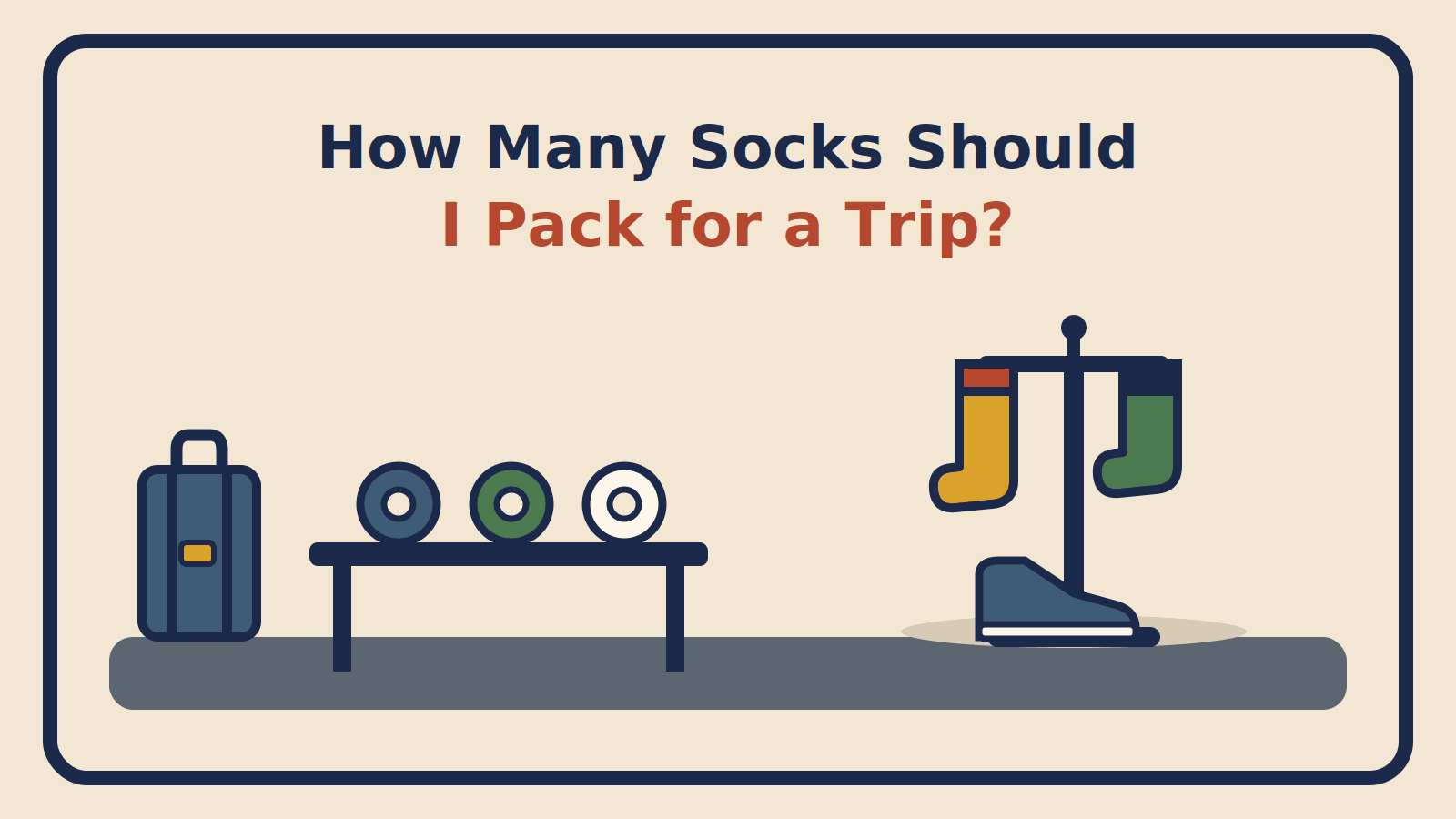 Three rolled pairs of socks on a counter beside a suitcase, with two socks drying on a rack above a shoe