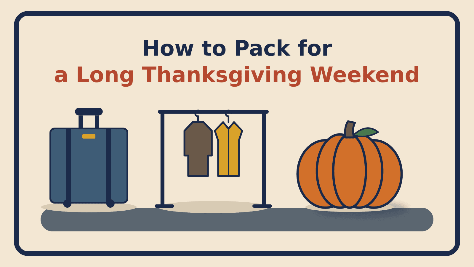 A suitcase at left, a garment rack with a sweater and a shirt at center, and a large pumpkin at right