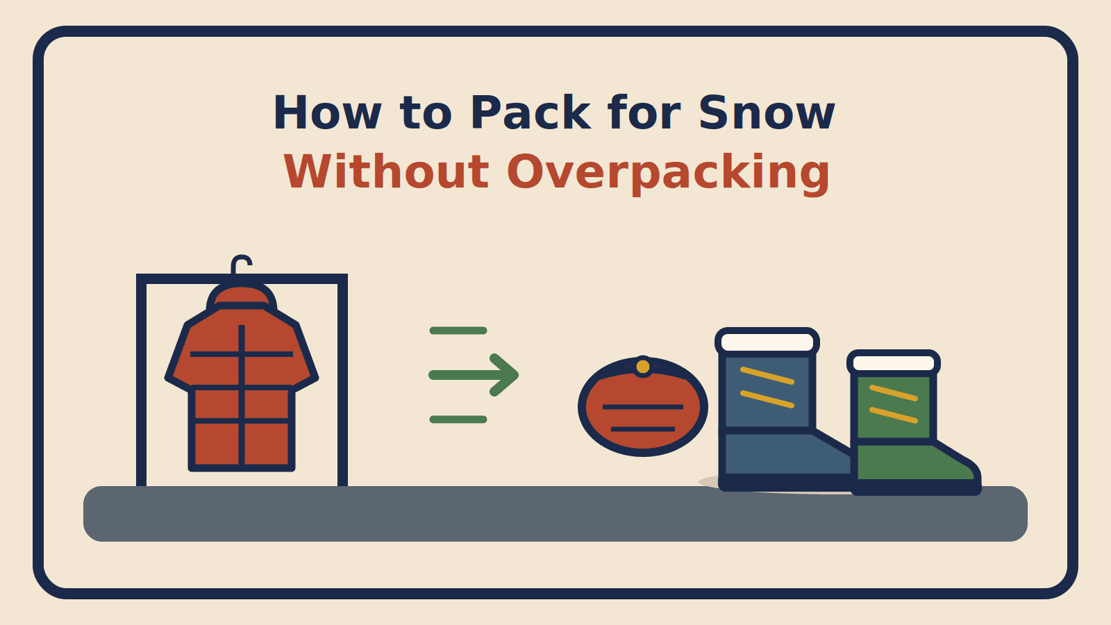 A lofted puffer jacket compressed into a stuff sack, beside a single pair of winter boots