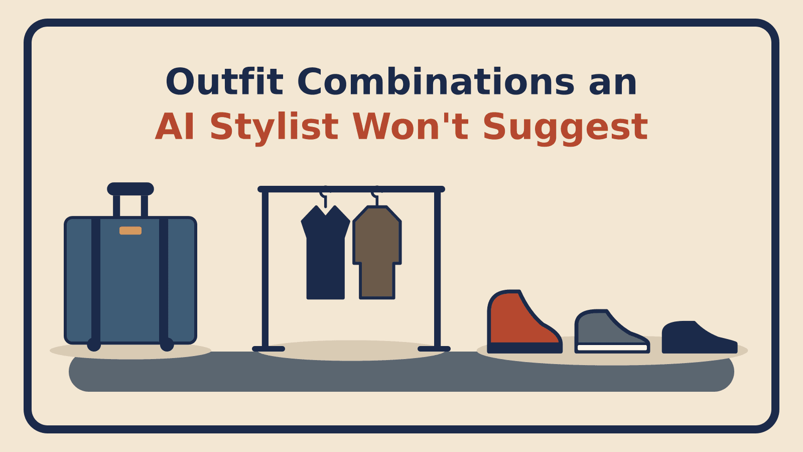 A suitcase, a garment rack holding a shirt and a knit, and three shoes lined up on a floor bar