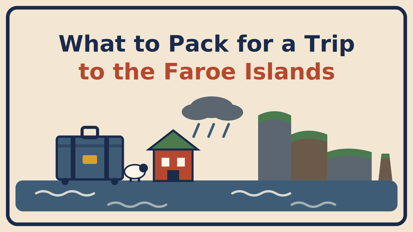 Illustration of a suitcase, sheep and grass-roofed house beside rain clouds and sea cliffs, with the title What to Pack for a Trip to the Faroe Islands