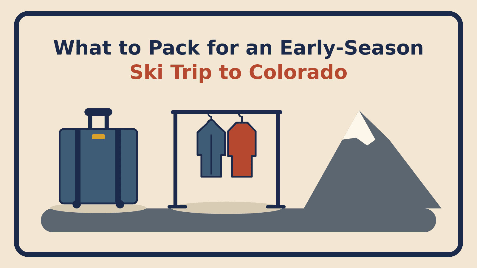 A suitcase, a ski jacket and sweater on a garment rack, and a snow-capped mountain on a slate floor bar