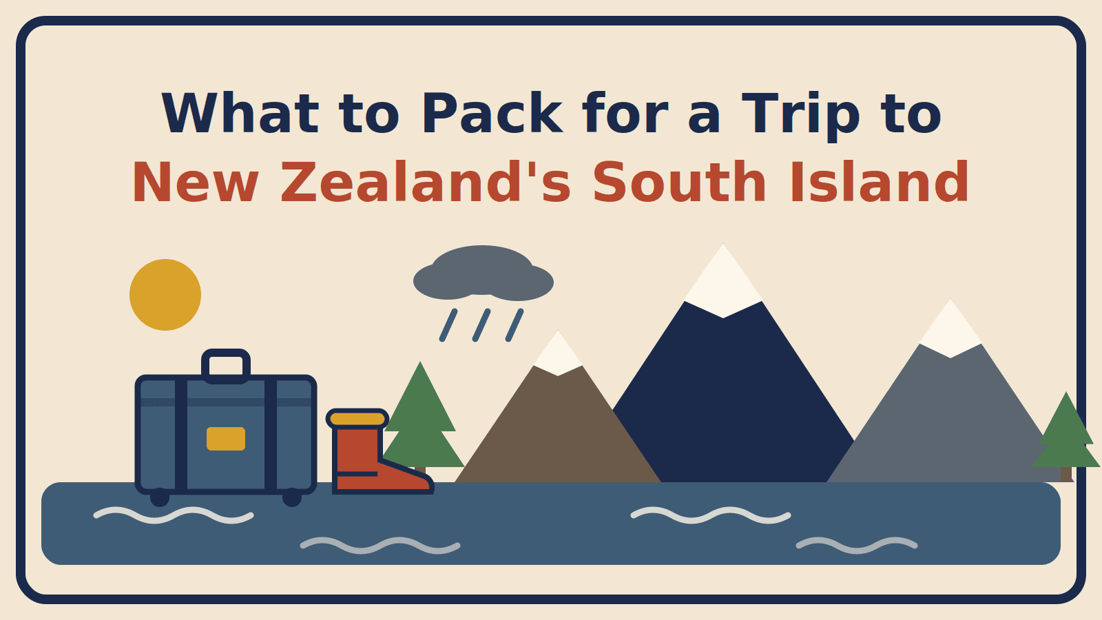 Illustration of a suitcase and hiking boot beside a glacial lake, sun, rain cloud and snow-capped Southern Alps, with the title What to Pack for a Trip to New Zealand's South Island