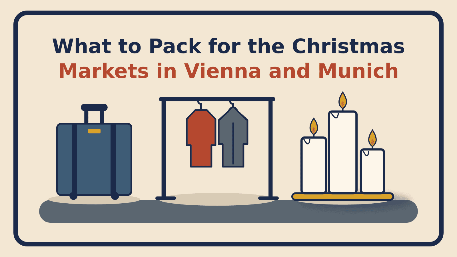 A suitcase, a garment rack with warm layers and three Advent candles, for What to Pack for the Christmas Markets in Vienna and Munich