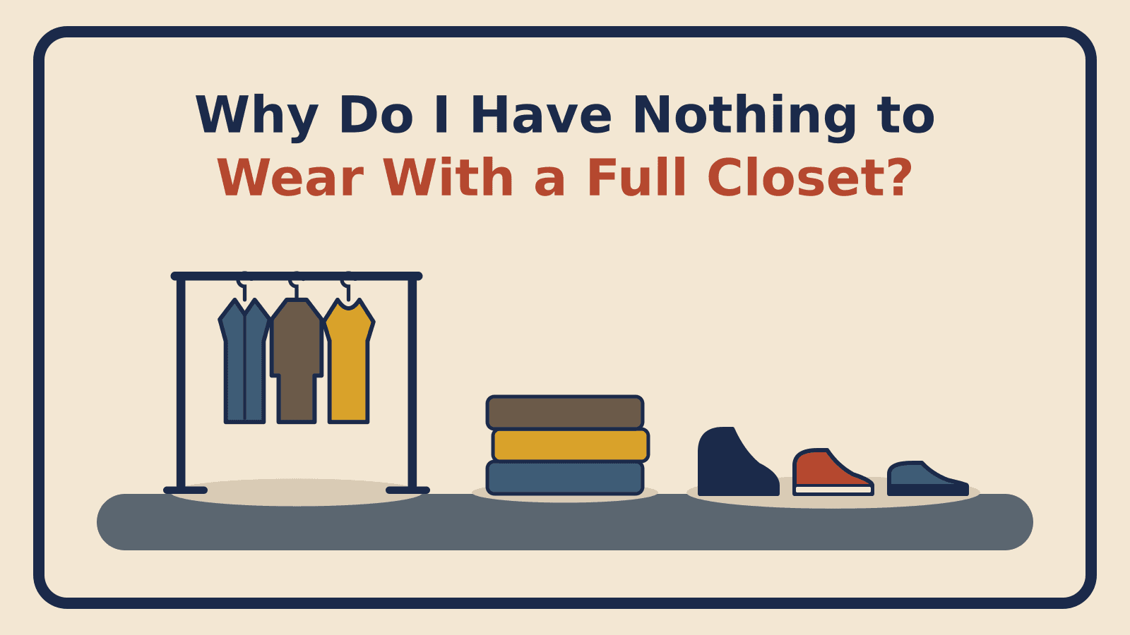 A garment rack holding a shirt, a sweater and a tee, a folded stack of clothes, and three pairs of shoes lined up