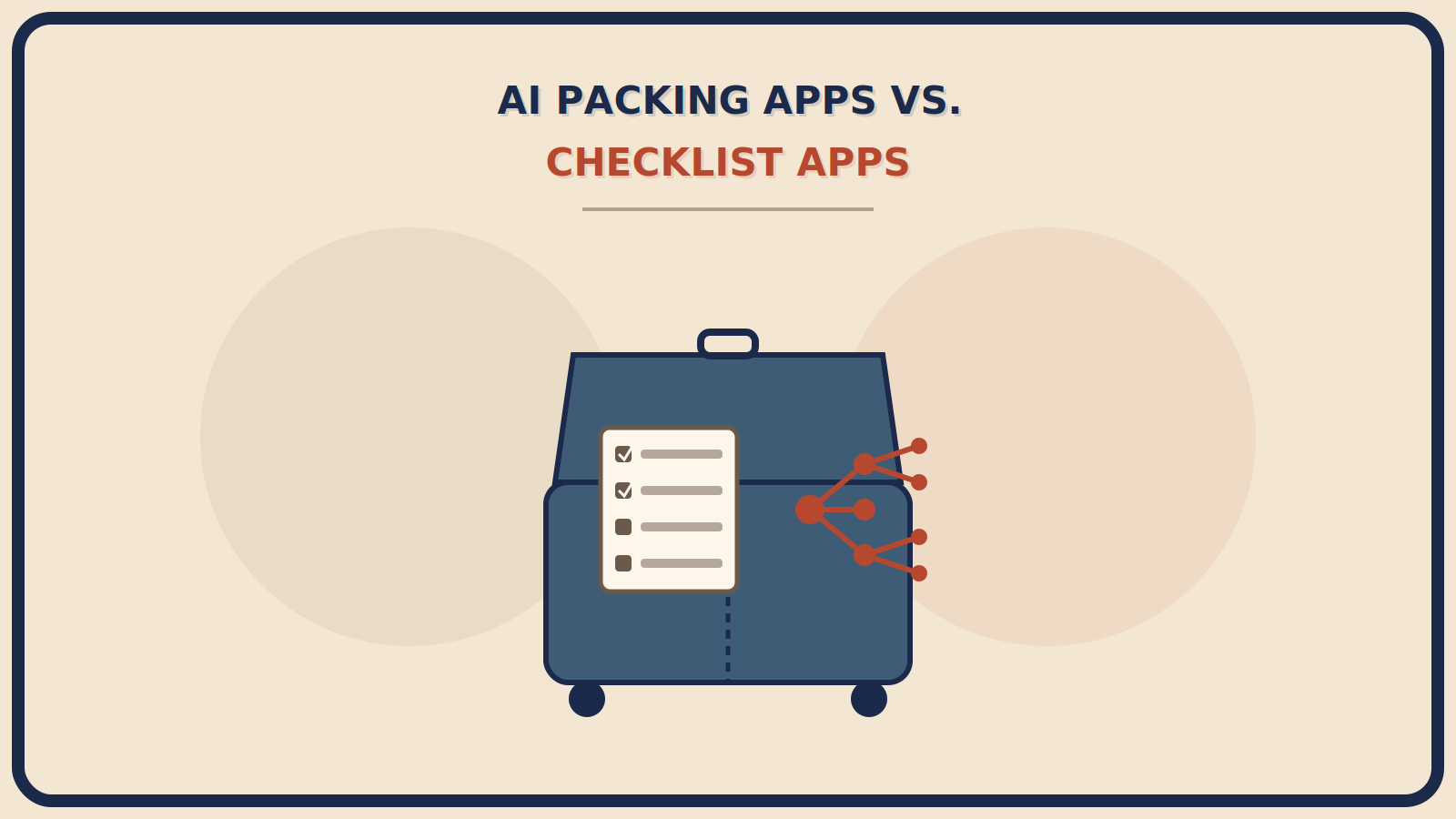Suitcase split down the middle, one side a rigid checklist with checked boxes in muted brown, the other a soft branching-node shape in rust-red suggesting AI reasoning