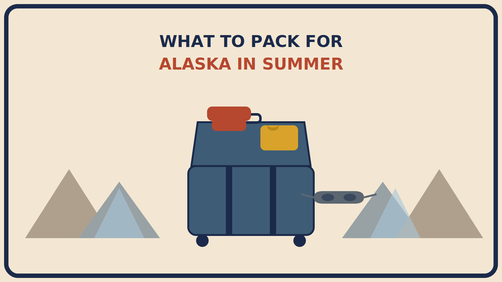 Open suitcase with a rust-red fleece layer folded on top, a mustard-gold short-sleeve shirt beside it, and a sleep mask in front, set against mountain and glacier shapes