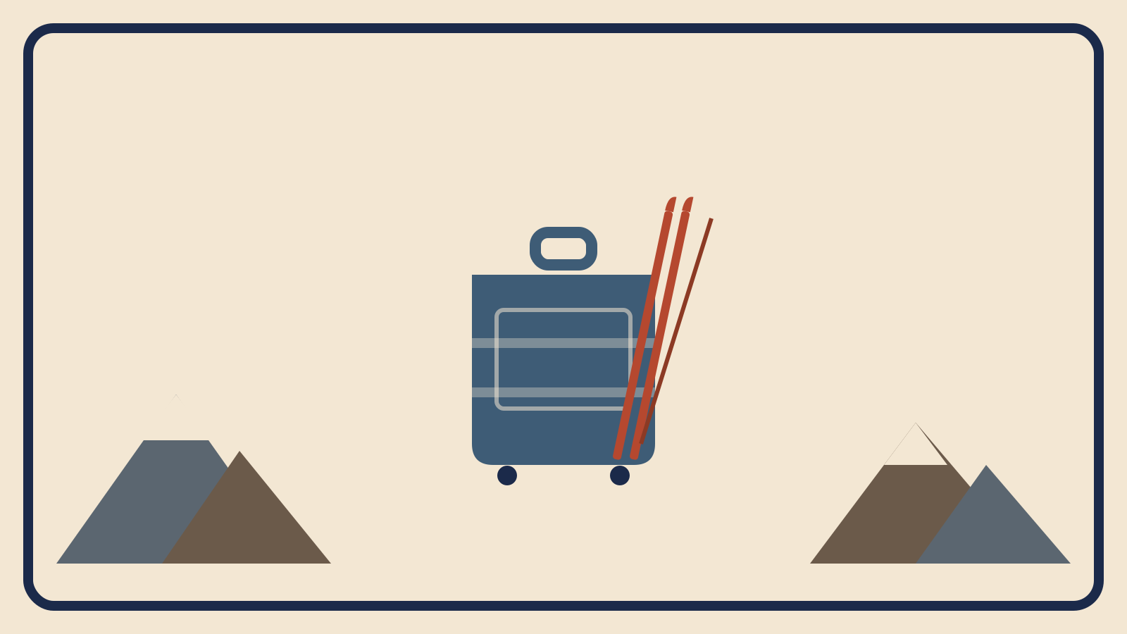 Flat geometric suitcase illustration with slate-grey and muted brown Alp mountain peaks and rust-red skis leaning against it