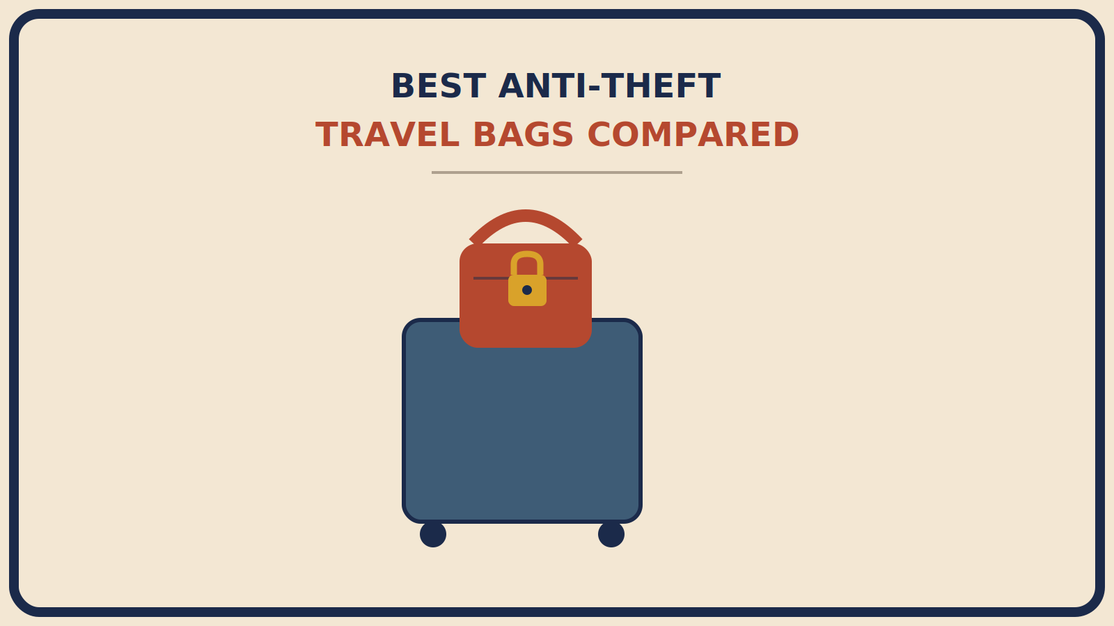 Closed suitcase with a rust-red crossbody bag resting on top, showing a mustard-gold padlock icon at its zipper