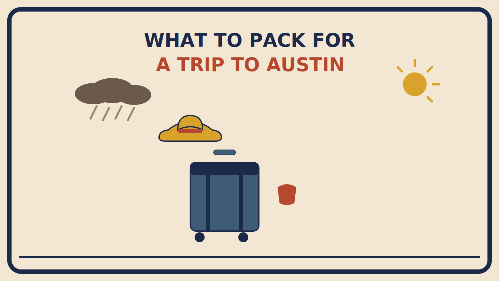 Suitcase with a cowboy hat resting on top and a folded swimsuit beside it, under a storm cloud and a sun on opposite sides