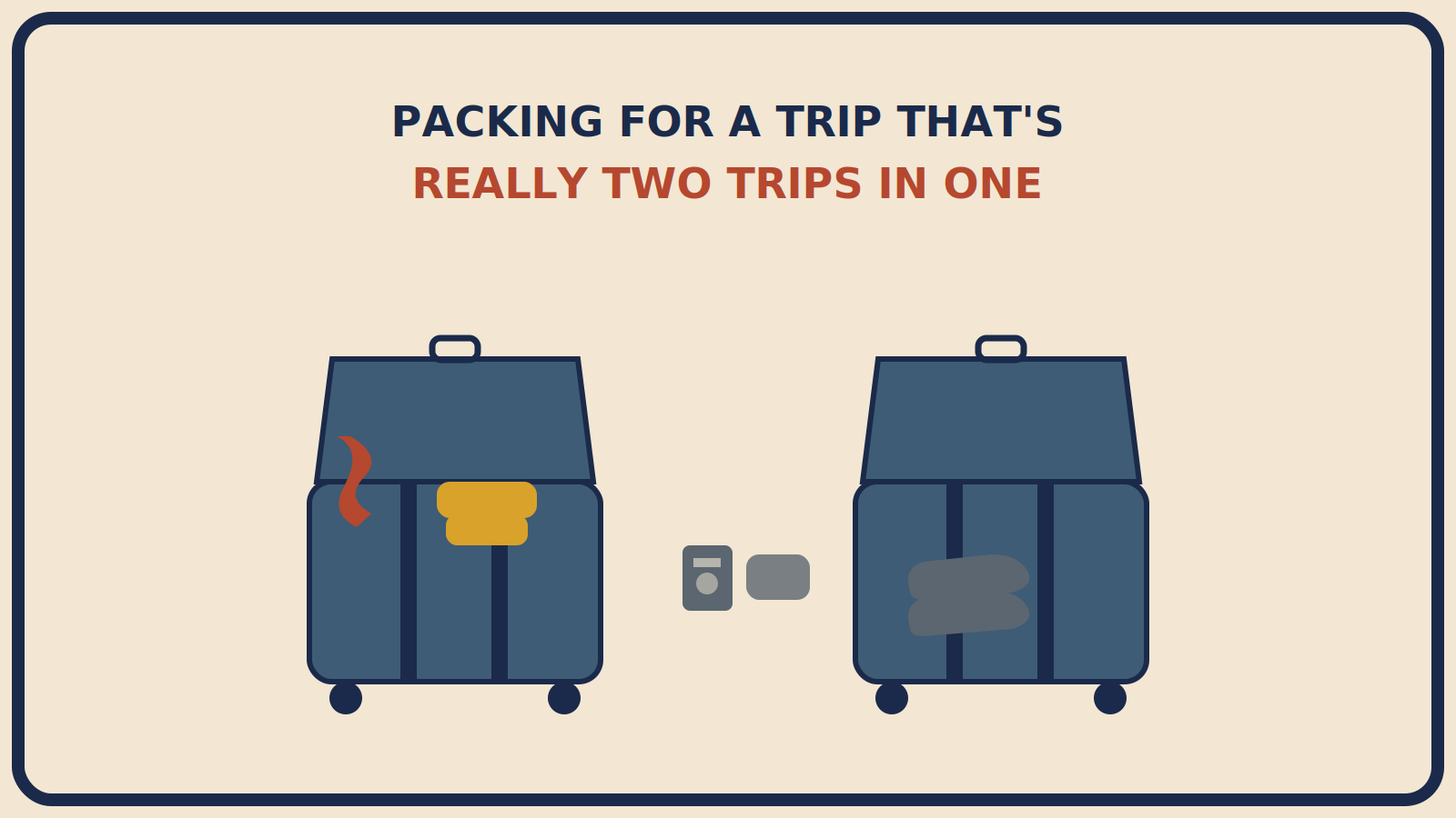 Two suitcases positioned back to back, one with a rust-red scarf draped over the edge and a mustard-gold thin sweater folded beside it, shoe shapes and a passport and pouch nearby