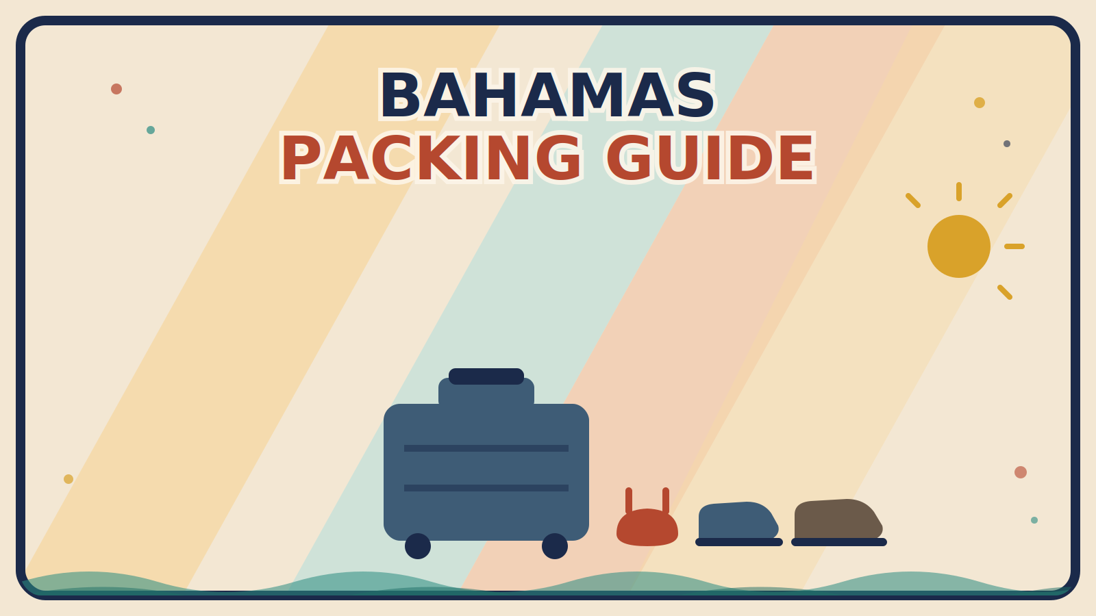 A steel-blue suitcase with a rust-red sandal, a steel-blue water shoe, and a muted brown walking shoe beside it, a mustard sun in the corner, and a turquoise wave band along the bottom, cream background.