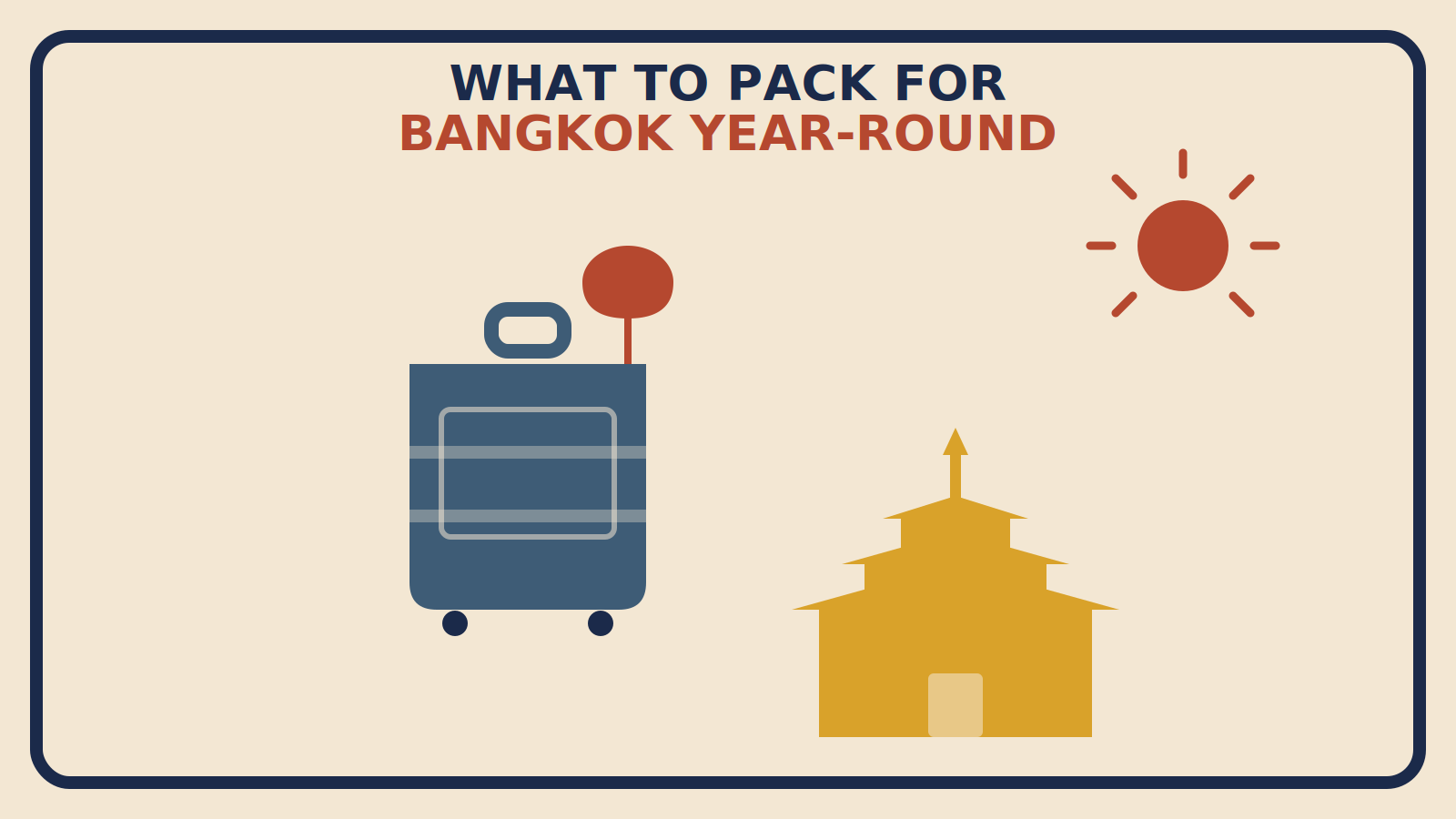 Flat geometric suitcase illustration with a mustard tiered temple spire silhouette, a rust-red umbrella, and a sun with radiating rays above