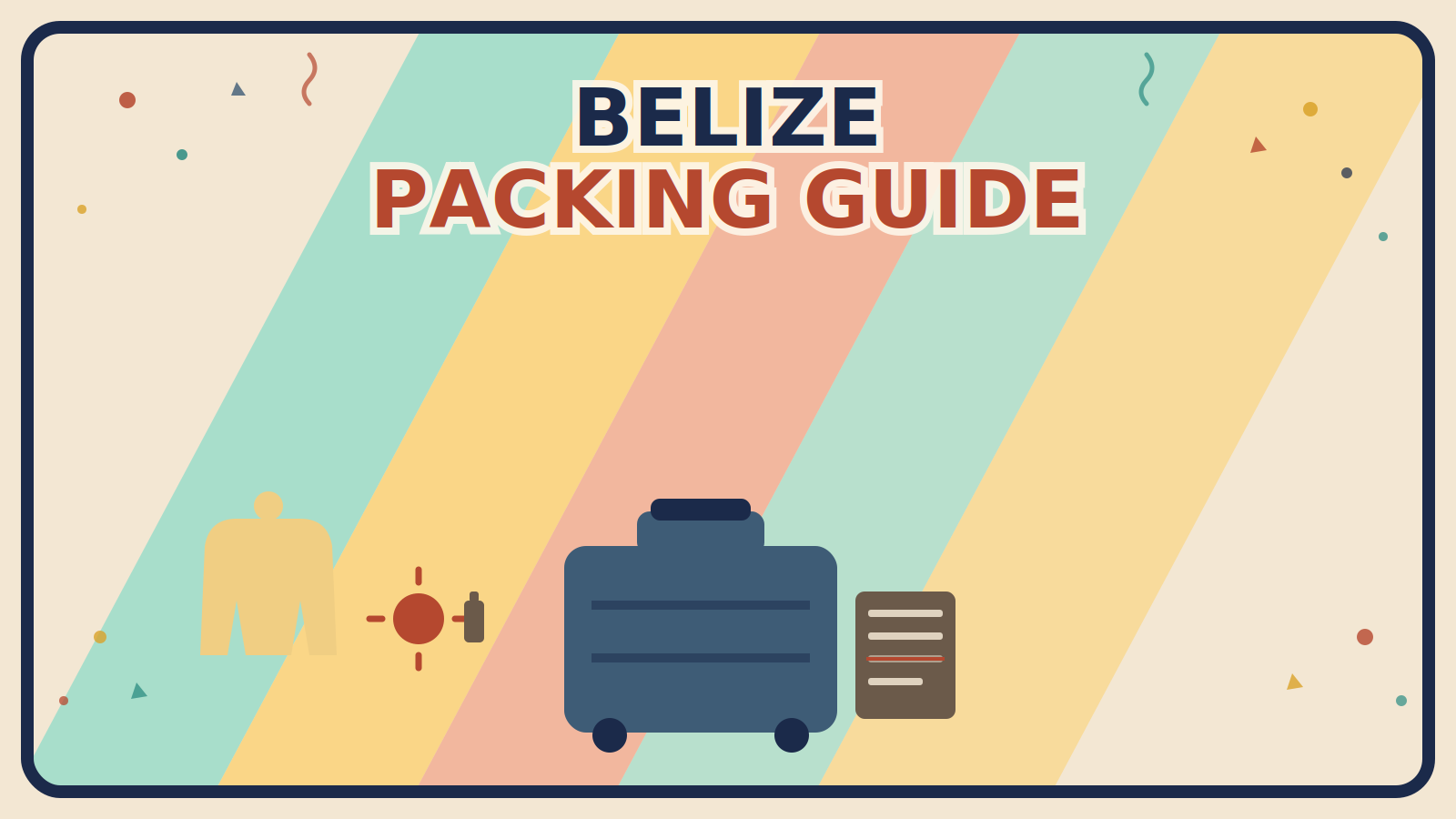 A pale mustard rain jacket, a rust-red sun and bug-spray pairing icon, and a muted brown checklist with one item crossed out, arranged around a steel-blue suitcase on a festive multi-color background with confetti.