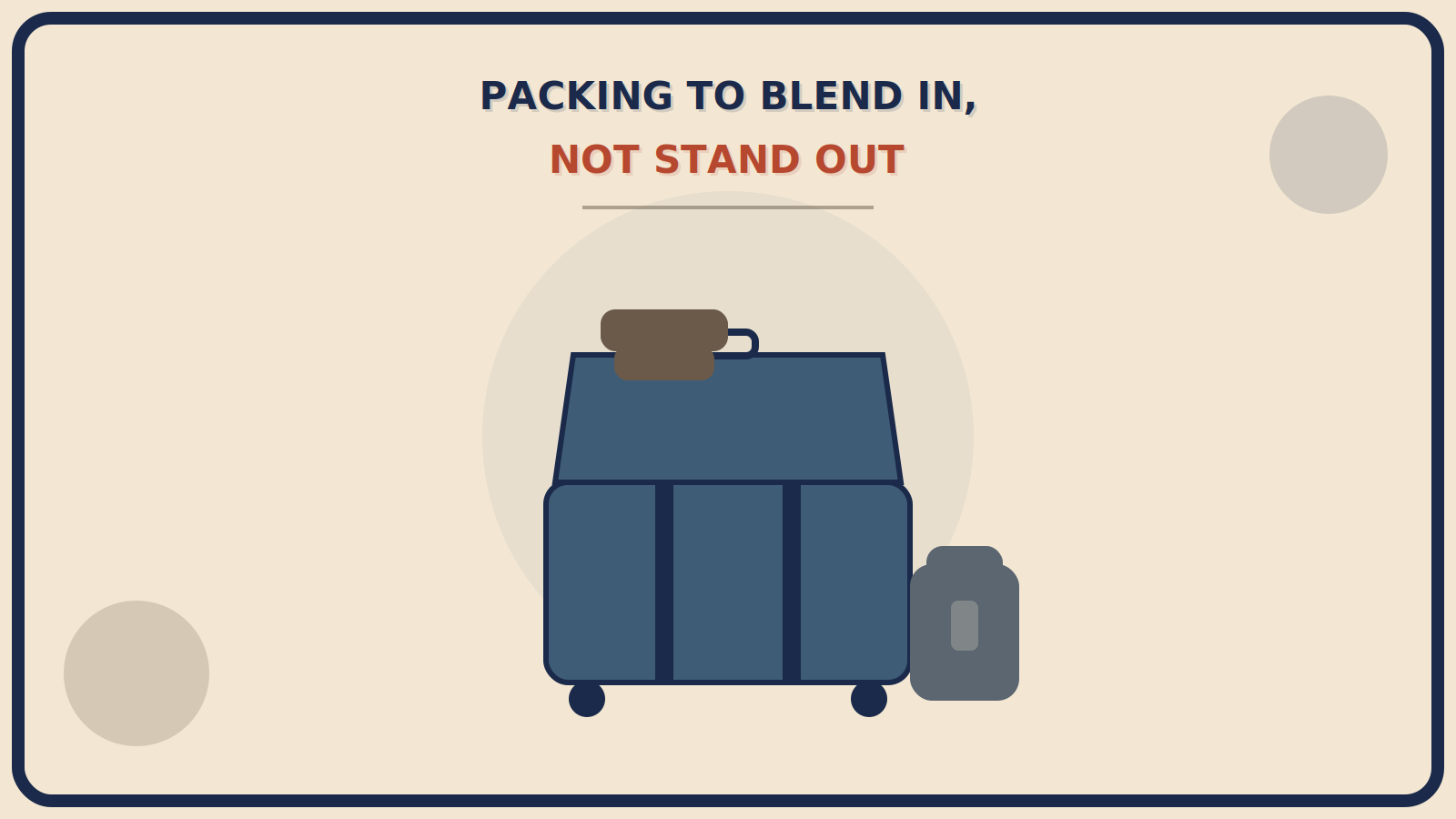 Open suitcase with neutral-toned garment shapes in muted brown and steel-blue folded on top, and a plain, unbranded slim daypack in front