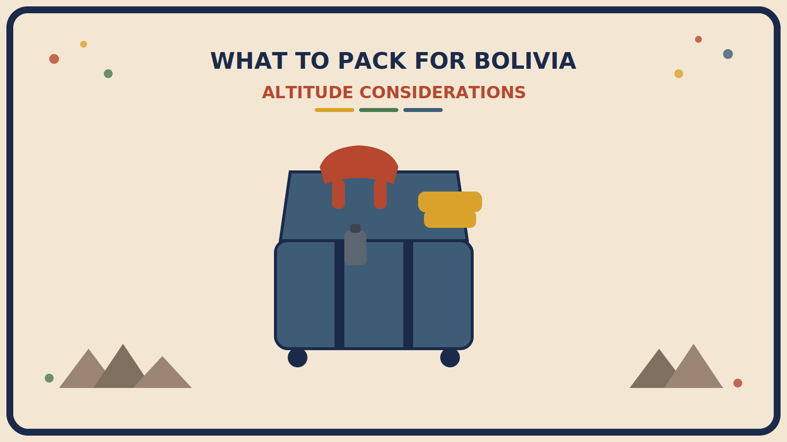 Open suitcase with a rust-red insulated jacket folded on top, a mustard-gold warm layer beside it, a pill bottle resting in front, and angular mountain peaks behind