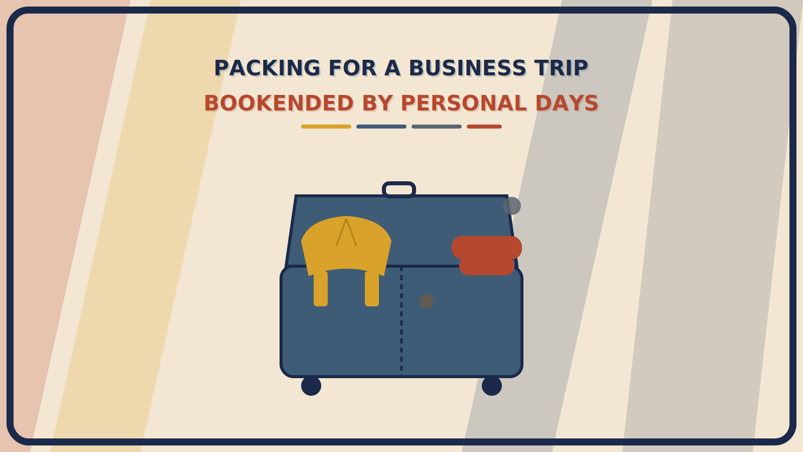 Open suitcase with a structured mustard-gold blazer folded on one side and a relaxed rust-red casual top on the other, split to suggest the business and personal blend