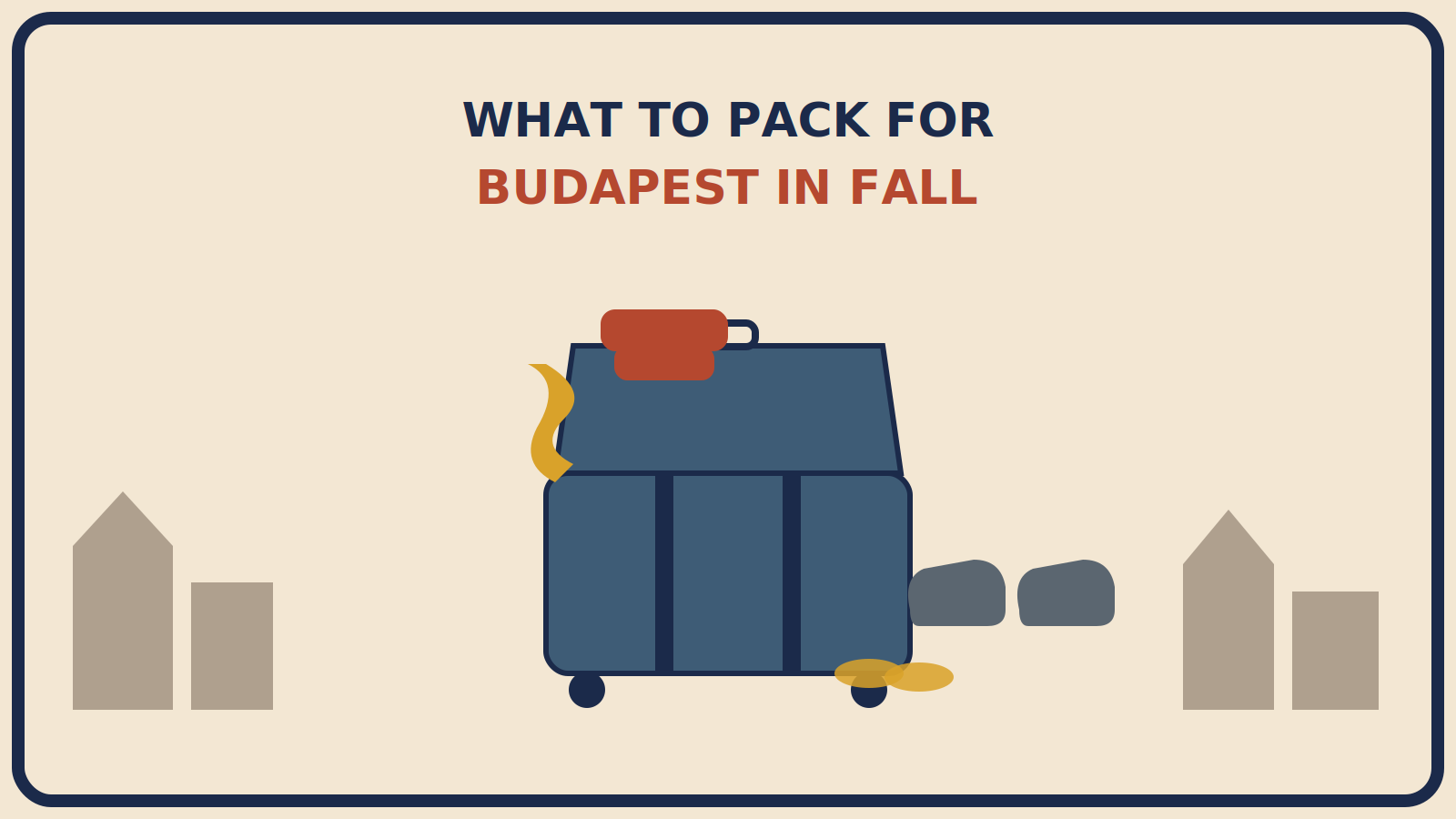 Open suitcase with a rust-red mid-weight jacket folded on top, a mustard-gold scarf beside it, ankle boots in front, and slide sandals peeking from one corner