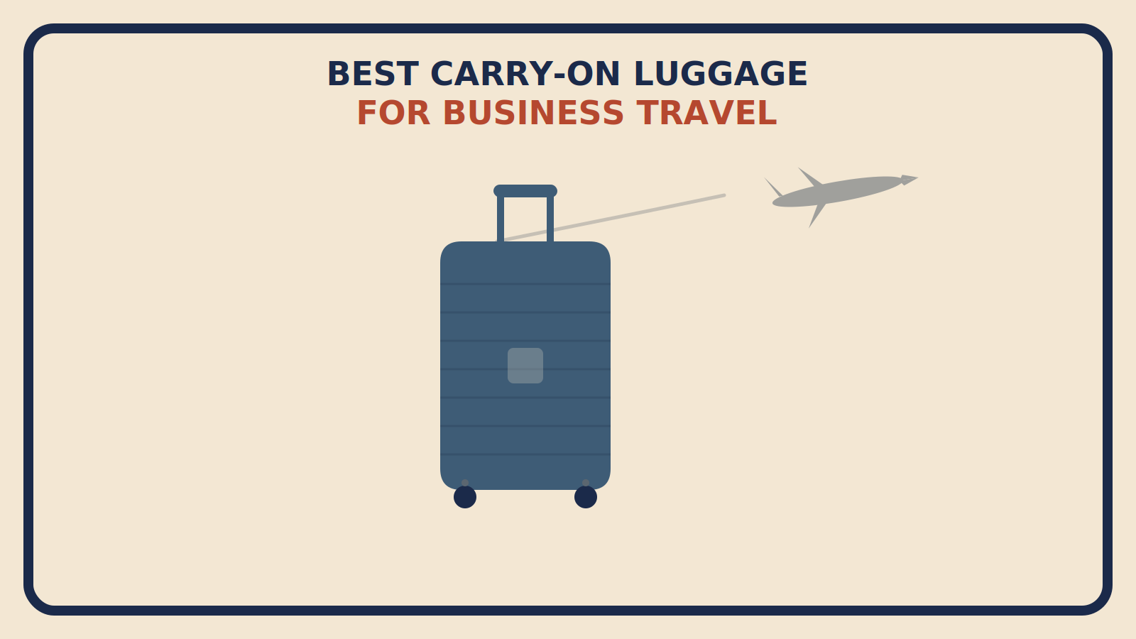 Flat geometric illustration of a sleek steel-blue carry-on with wheels and an airplane in the background, titled Best Carry-On Luggage for Business Travel