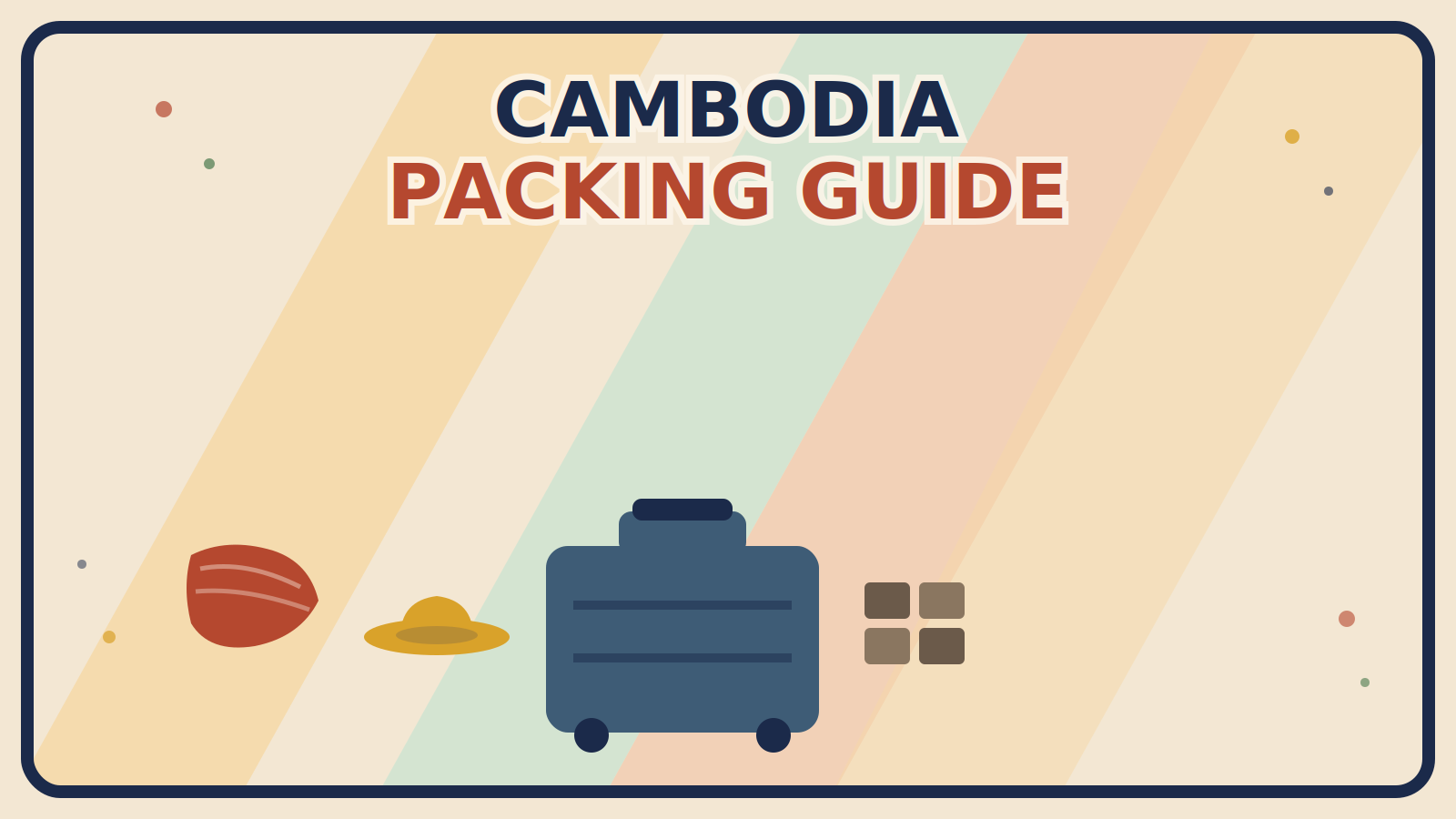 A rust-red draped sarong, a mustard-gold sun hat, and a muted brown grid of folded-garment icons arranged around a steel-blue suitcase on a multi-color background.