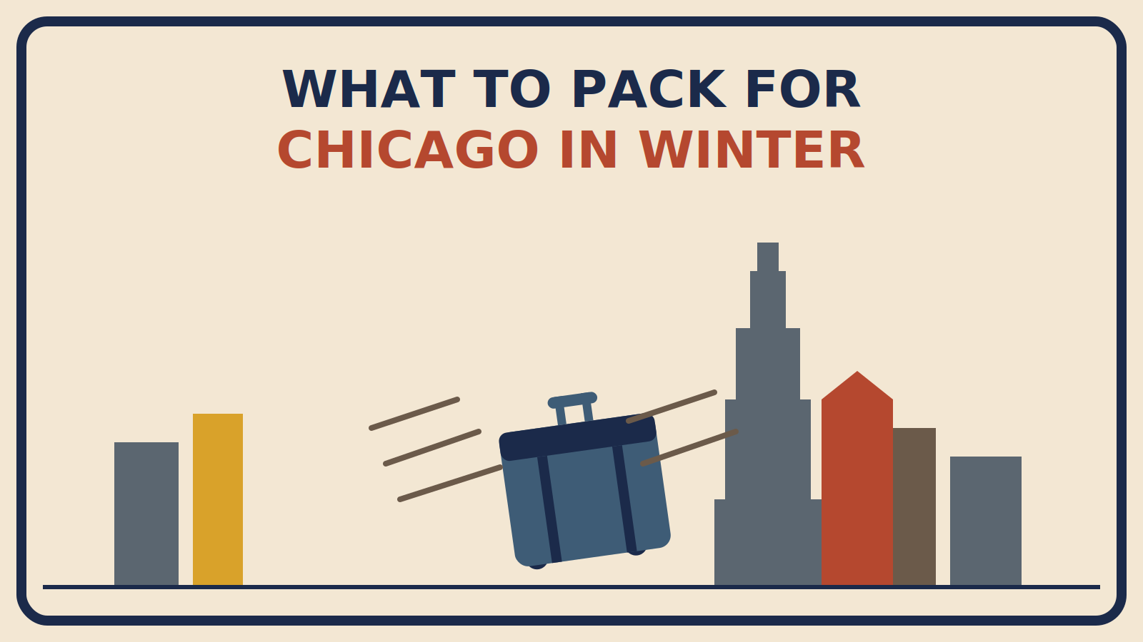 Suitcase buffeted by wind lines in front of an abstracted Chicago skyline with a stepped Willis Tower silhouette
