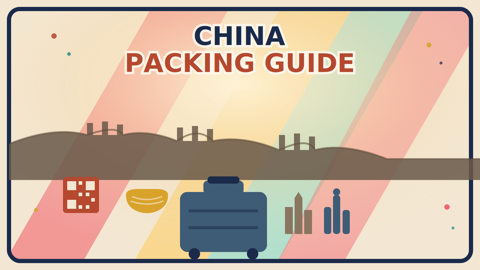 A stylized Great Wall silhouette over hills, with a rust-red QR-code square, a mustard-gold face mask, and two abstracted skylines beside a steel-blue suitcase on a vivid multi-color background.