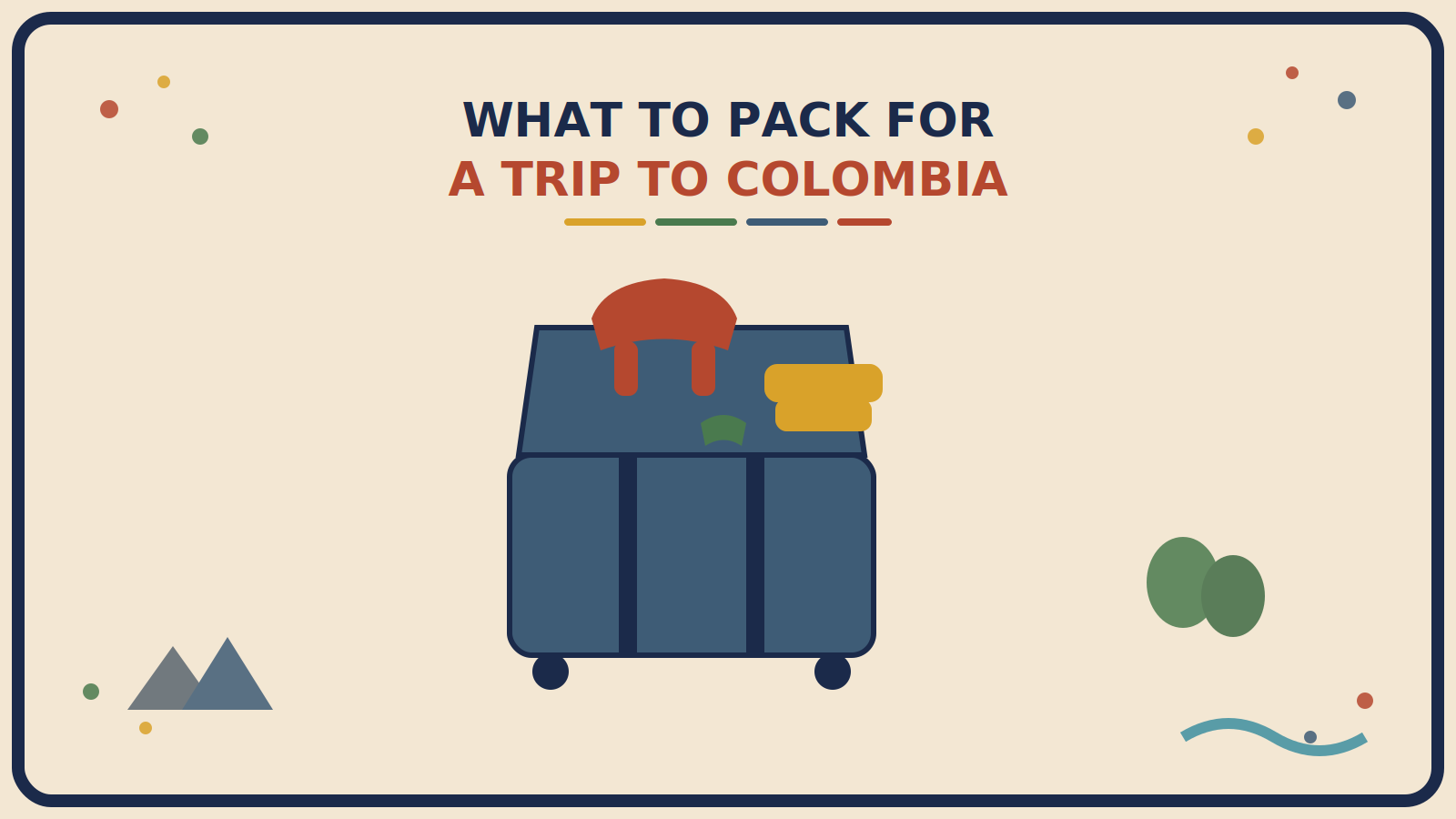 Open suitcase with a rust-red rain jacket folded on one side and a mustard-gold packable warm layer on the other, a swimsuit tucked between them, with mountain, coastline, and rainforest vignettes behind