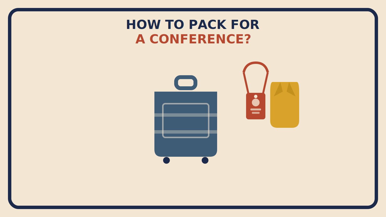 Flat geometric suitcase with a rust-red name-badge and lanyard shape and a mustard blazer-lapel silhouette beside it