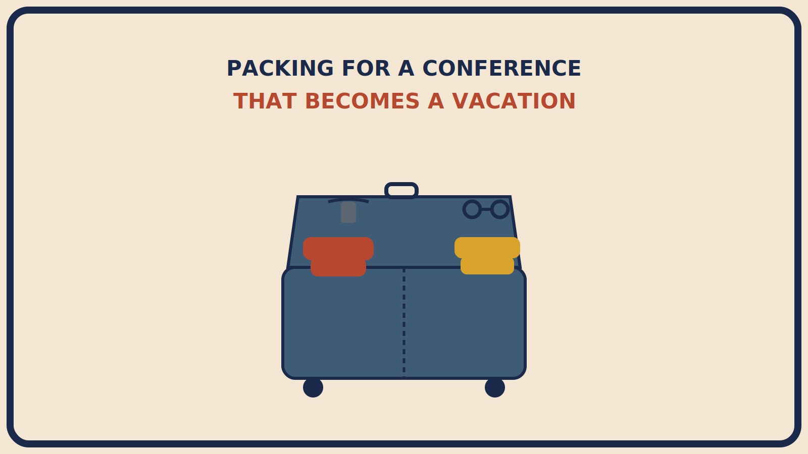 Open suitcase split down the middle, one side a folded rust-red blazer and badge lanyard, the other mustard-gold swim and casual pieces