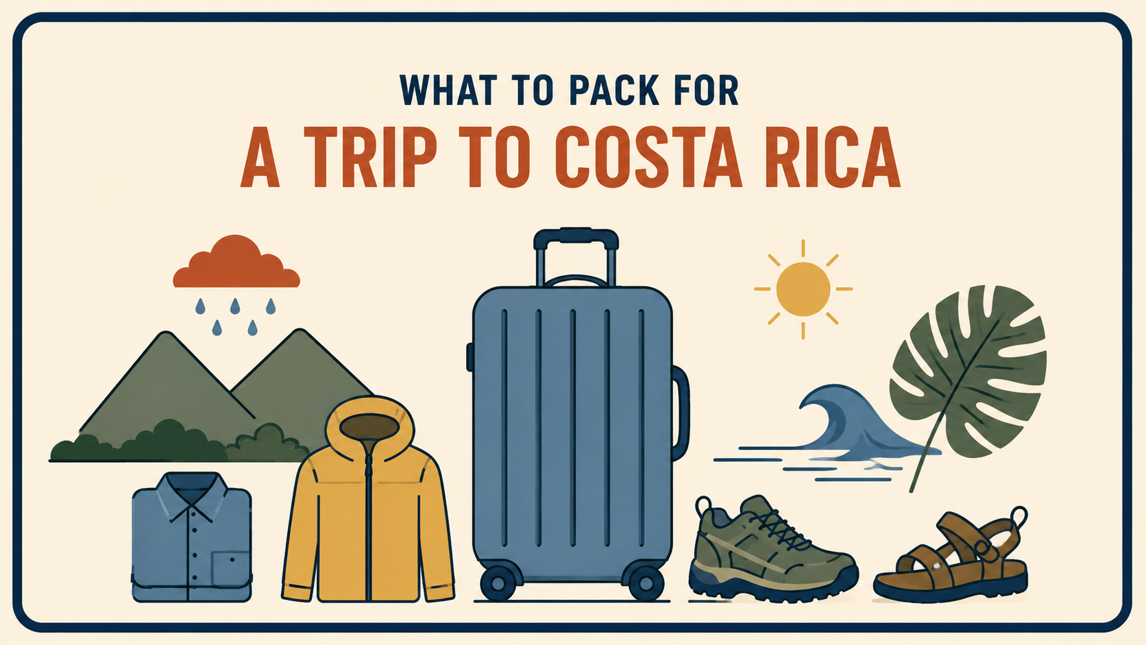 Illustration of a travel suitcase with hiking shoes, sandals, rain jacket, tropical palm leaf, mountains, sun, and rain cloud representing what to pack for a trip to Costa Rica.