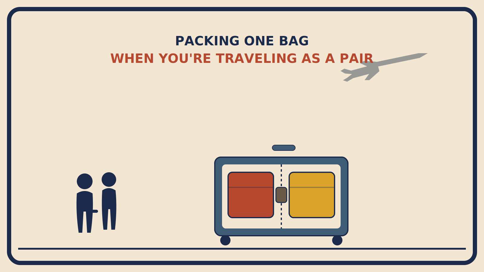 Two silhouettes holding hands beside a suitcase with rust-red and mustard packing cubes and a shared toiletry pouch, with an airplane overhead