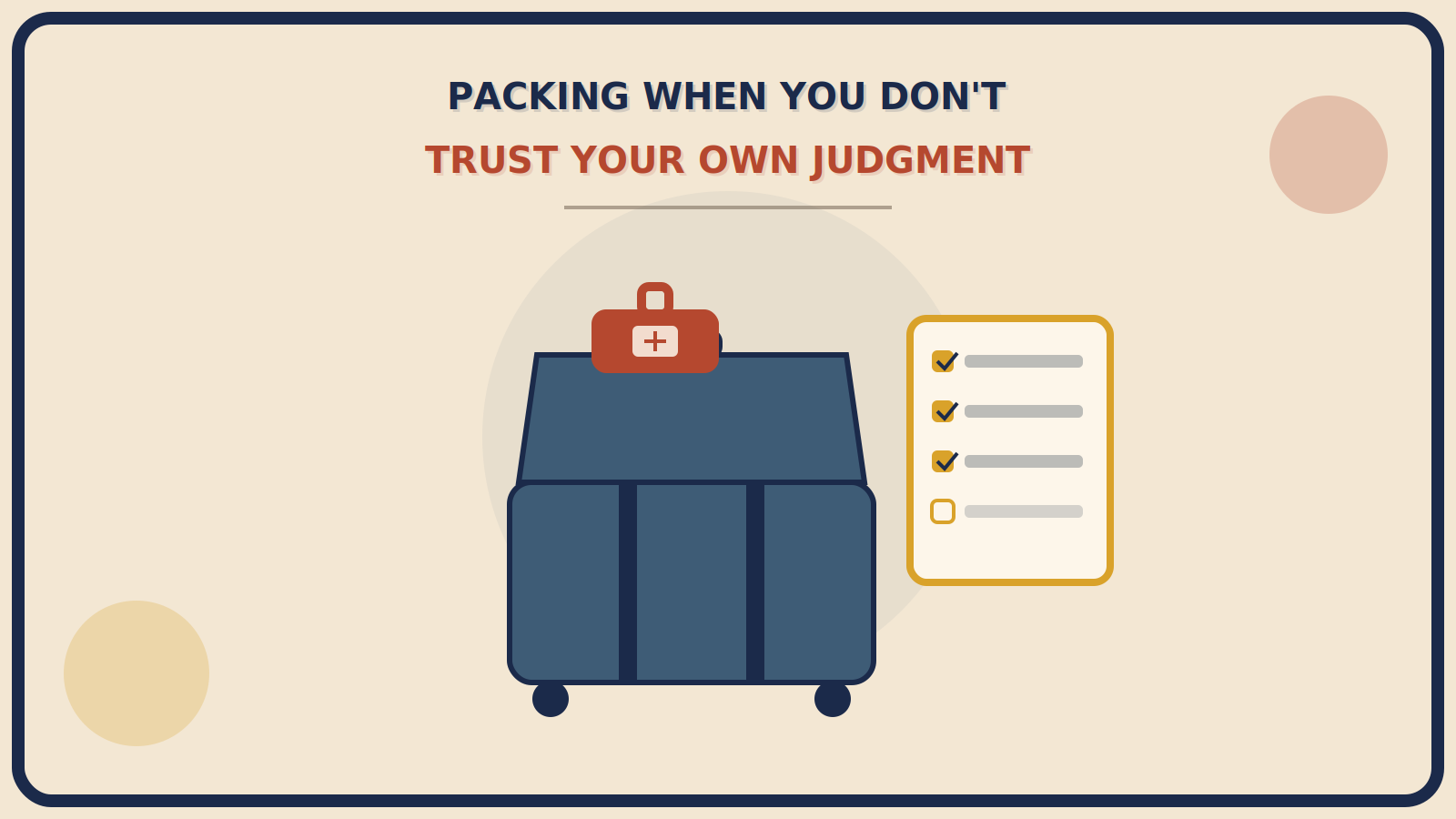 Open suitcase with a mustard-gold checklist showing checked boxes beside it and a rust-red luggage scale resting on top