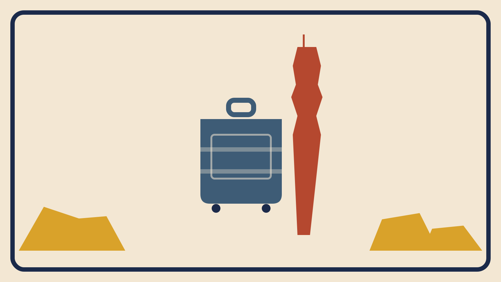 Flat geometric suitcase illustration with mustard desert dune shapes and a rust-red Burj Khalifa-inspired skyscraper silhouette